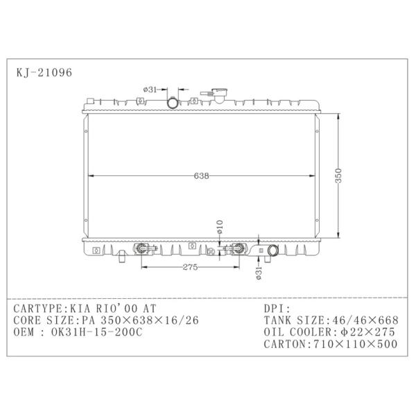 Plastic Aluminum Hyundai Radiator of KIA RIO 2000 AT OEM 0K31H - 15 - 200C