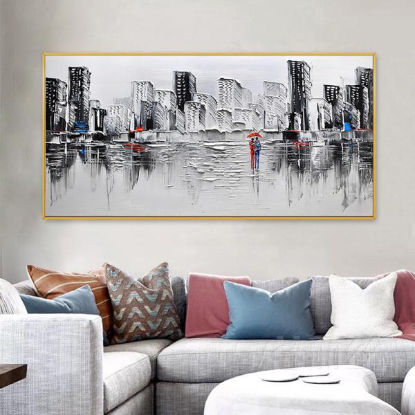 Support Base Canvas Materials Canvas Oil and Canvas Hand Painted Abstract Landscape Oil Painting of City People