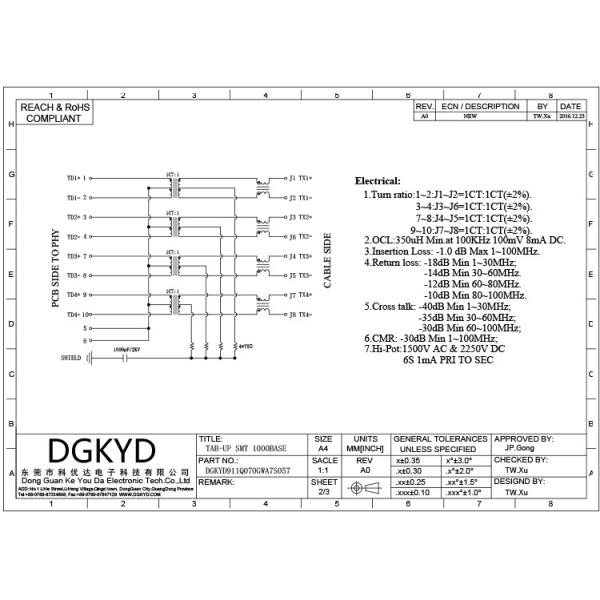 Трансформатор TAB-UP интегрированный гигабитом защищая соединитель сети SMT DGKYD RJ45 без света