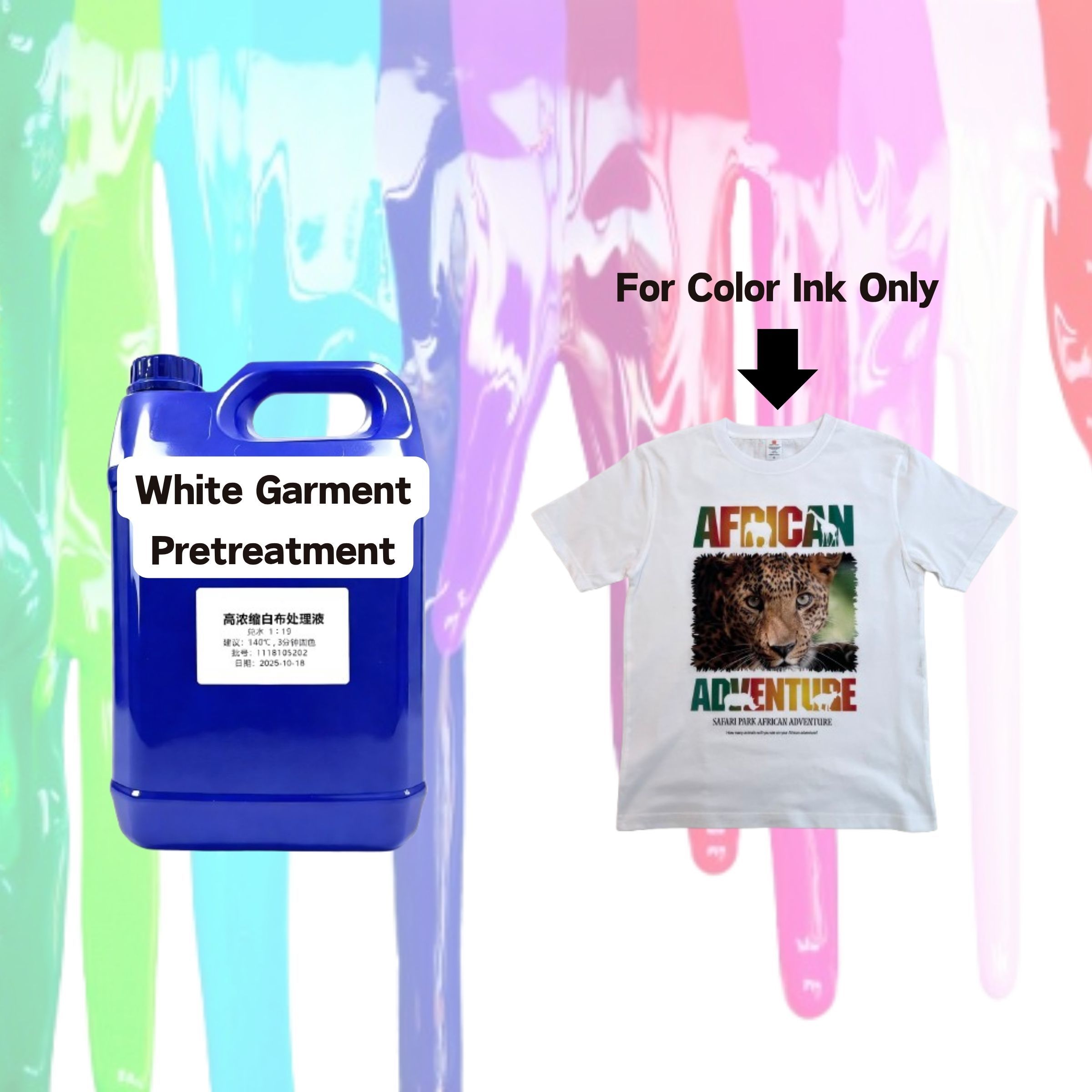 Premium DTG Textile Ink (CMYK+W) & Dark/Light Pretreatment  Eco-friendly water-based pigment inks with grade 4+ wash fastness and soft feel for cotton garment printing.