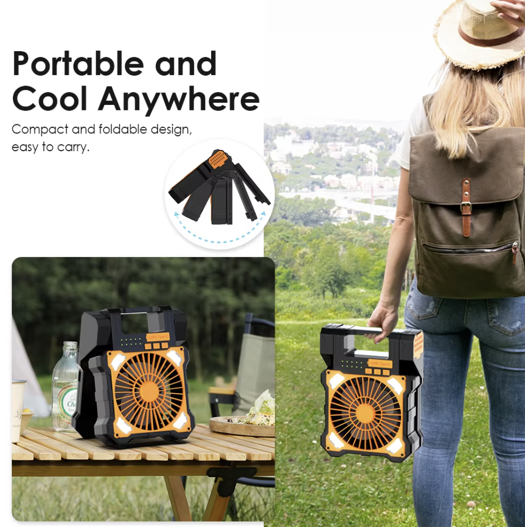 Solar Camping Fan with Dual Solar Panels Dimmable LED Light and Timer Function for Outdoor Use