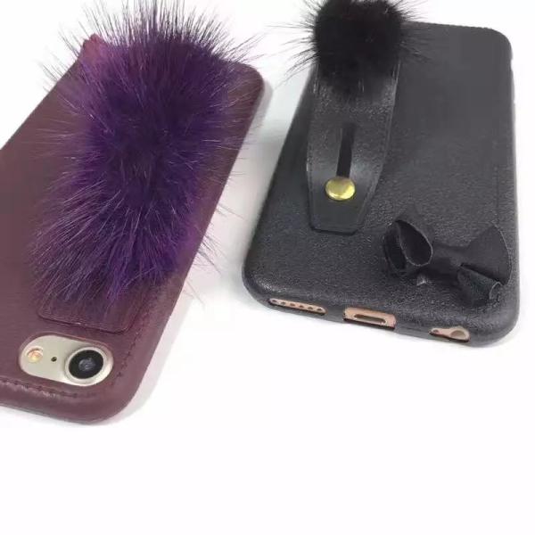 PU Leather Natural Water Mink Hair Back Band Bow Pasted Cover Cell Phone Case For iPhone 7 6s Plus