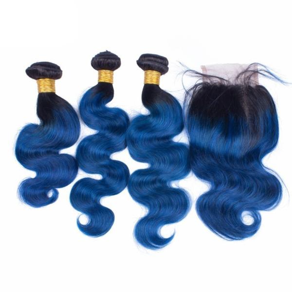 Pre-Colored Brazilian Body Wave Human Hair Bundles With Closure Ombre Color 1B/Blue Remy Hair 3 Bundles With Closure