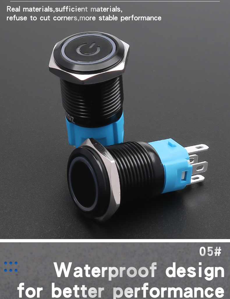 16mm Oxidized Black Shell Metal Push Button Switch Latching/Momentary 1NO1NC With LED Lights 5Pins High/Flat Head Red Green