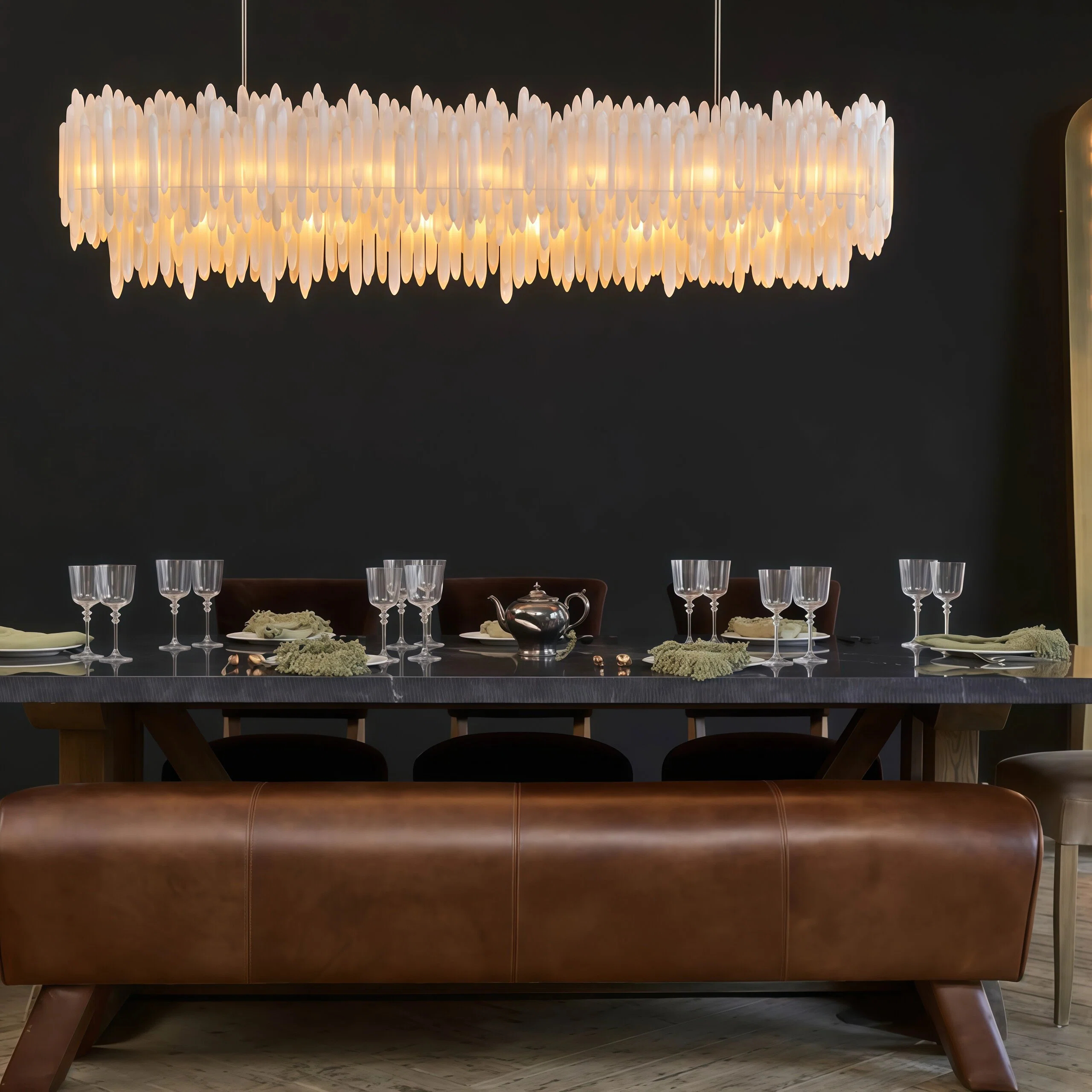 JYLIGHTING Modern Linear Natural Quartz & Crystal Chandelier, Long Rectangular Pendant Light for Kitchen Island & Dining Room