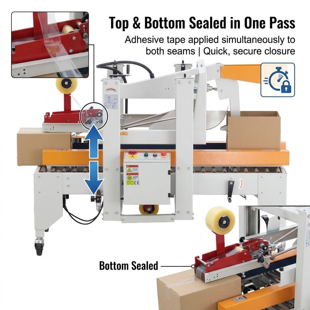HXPC50 Industrial Box Sealer Automating Flap Folding Tape Sealing and Discharging