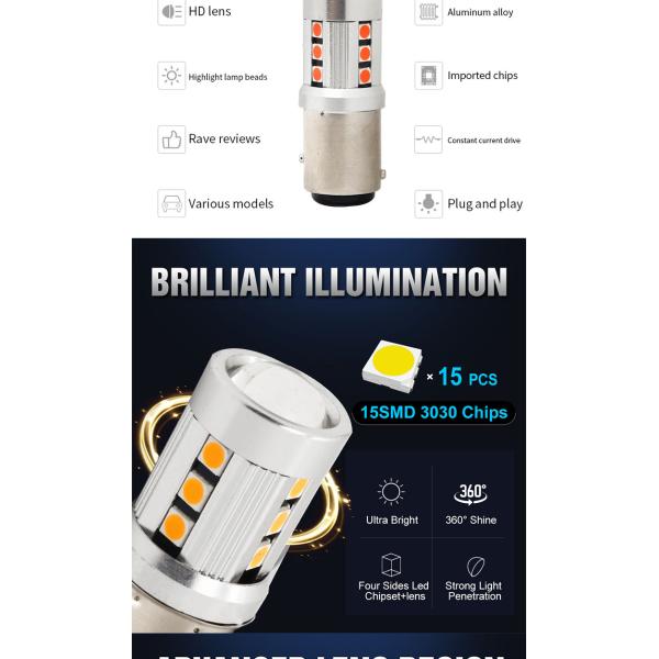 Luces de señalización de giro de automóviles LED blancas universales1156 1157 3030 15SMD bombilla LED blanca amarilla interior de la placa de licencia de Canbus LED