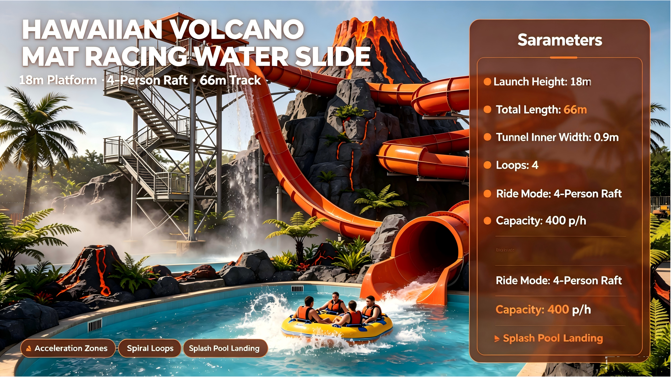 Hawaiian Volcano Themed Mat Racing Water Slide 7M Theme Park