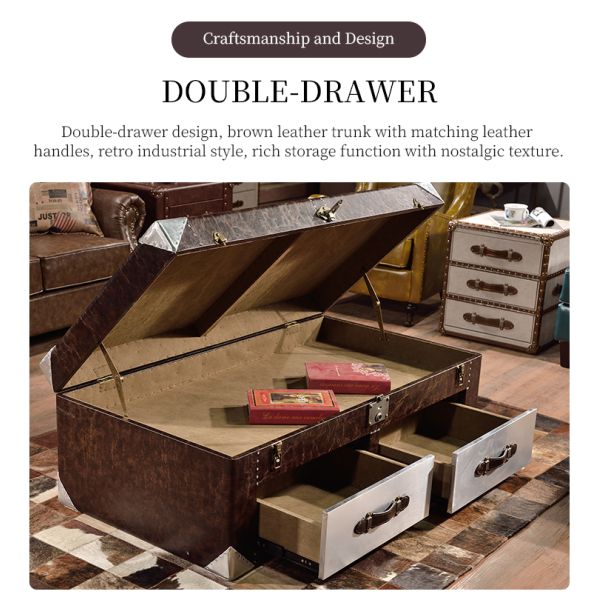 Nidea #8627 Vintage Industrial Coffee Table Double Drawers Aluminum Rivet Union Jack Crackle Leather Cabinet-Style Wooden Base Hotel Loft