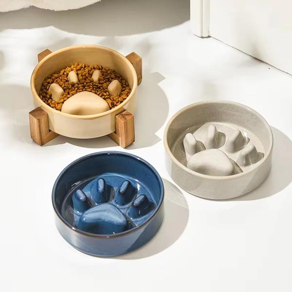 Ceramic Pet Bowl Dog Slow Feeder with Wooden Frame Applicable Pet Dogs Customize logo Color Packaging LCD Display NO