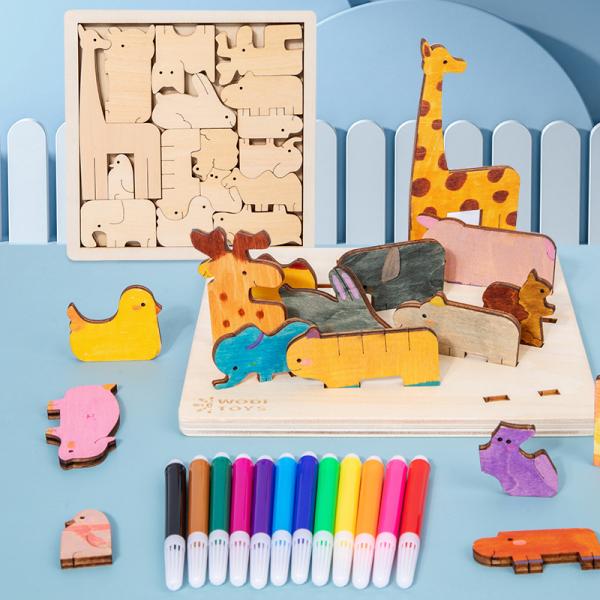 Wooden 3d Puzzle Jigsaw Kids Creative Diy Animal Puzzle Blocks Graffiti Painting Early Educational Toy