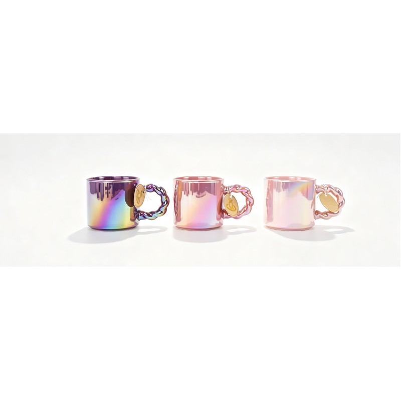 Rainbow Metallic Iridescent Ceramic Mugs, Unique Braided Twist Chain Handle Coffee Cups, Shiny Electroplated Color Changing Mugs, Luxury Aesthetic Decorative Tea Mugs with Gold Tag Product Overview