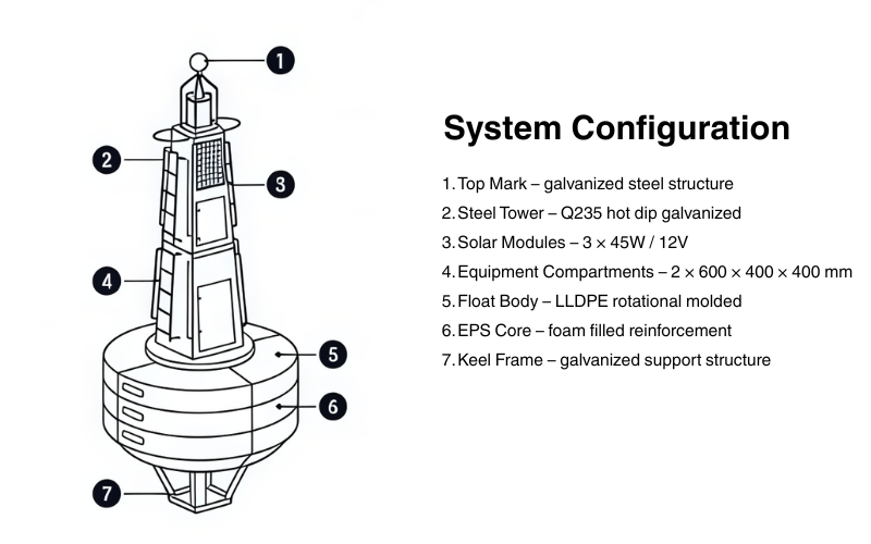 Heavy-duty Ø2600 offshore navigation buoy with 6000kg buoyancy, galvanized steel tower, LLDPE float body and SC160 lantern compatibility. OEM options available.
