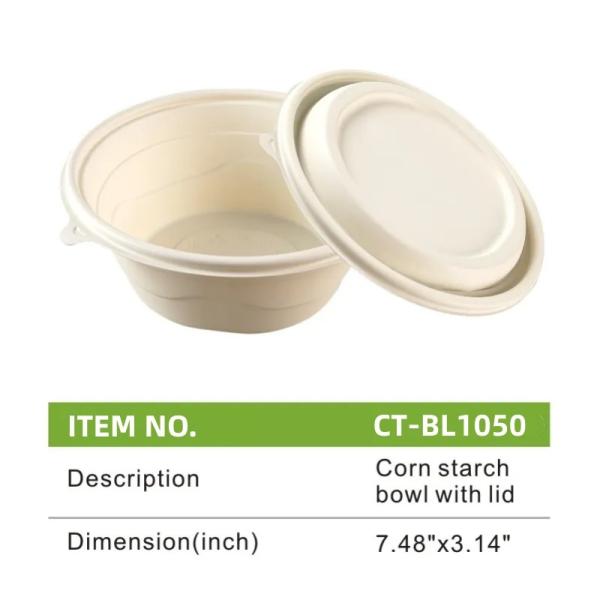 800ml 1050ml Biodegradable Take Out Containers Cornstarch Fruit Bowl With Lid