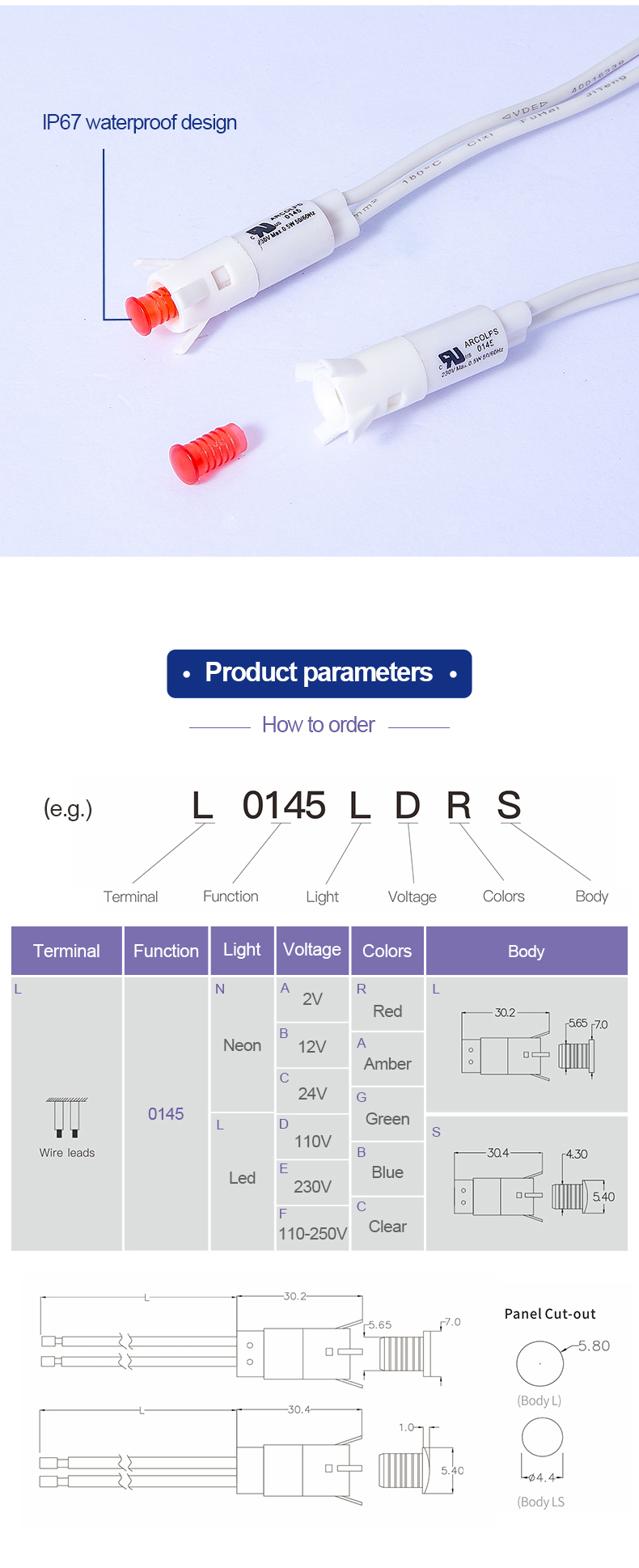 Energy Efficient Indicator Lights with Terminal or Wire Lead Connections for Panel Mounting in Machinery and Control Panels