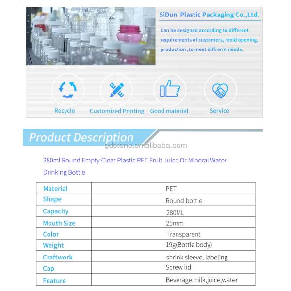 25mm Water PET Plastic Bottles Transparent Clear 280ml