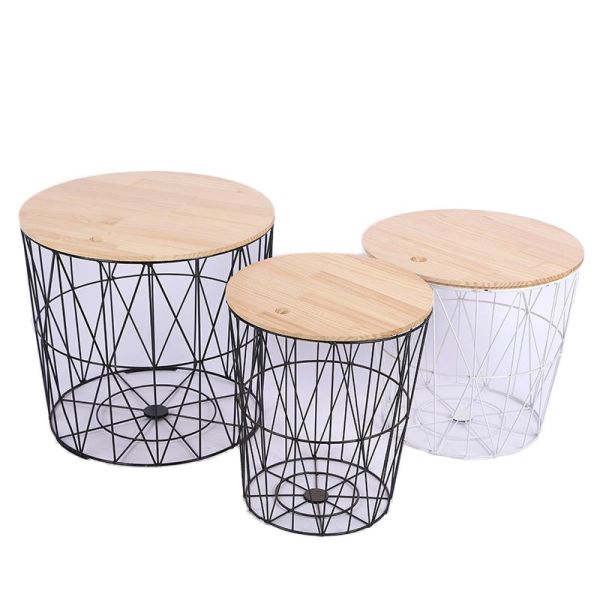 Modern Nightstand End Table Round Side Table Metal Mesh Base Wood Top Small Accent Coffee Table for Living Room Bedroom Office