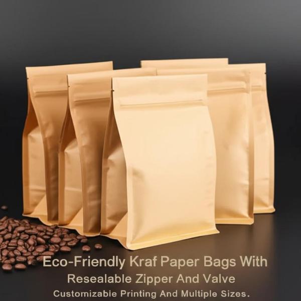 Eco-Friendly Kraft Paper Coffee Bags With Resealable Zipper And Valve Customizable Printing And Multiple Sizes.