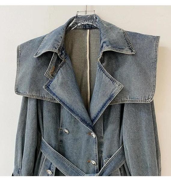                  High End Fashion Winter Loose Blue Denim Jacket Windbreaker Trench Ladies Long Coat for Women             