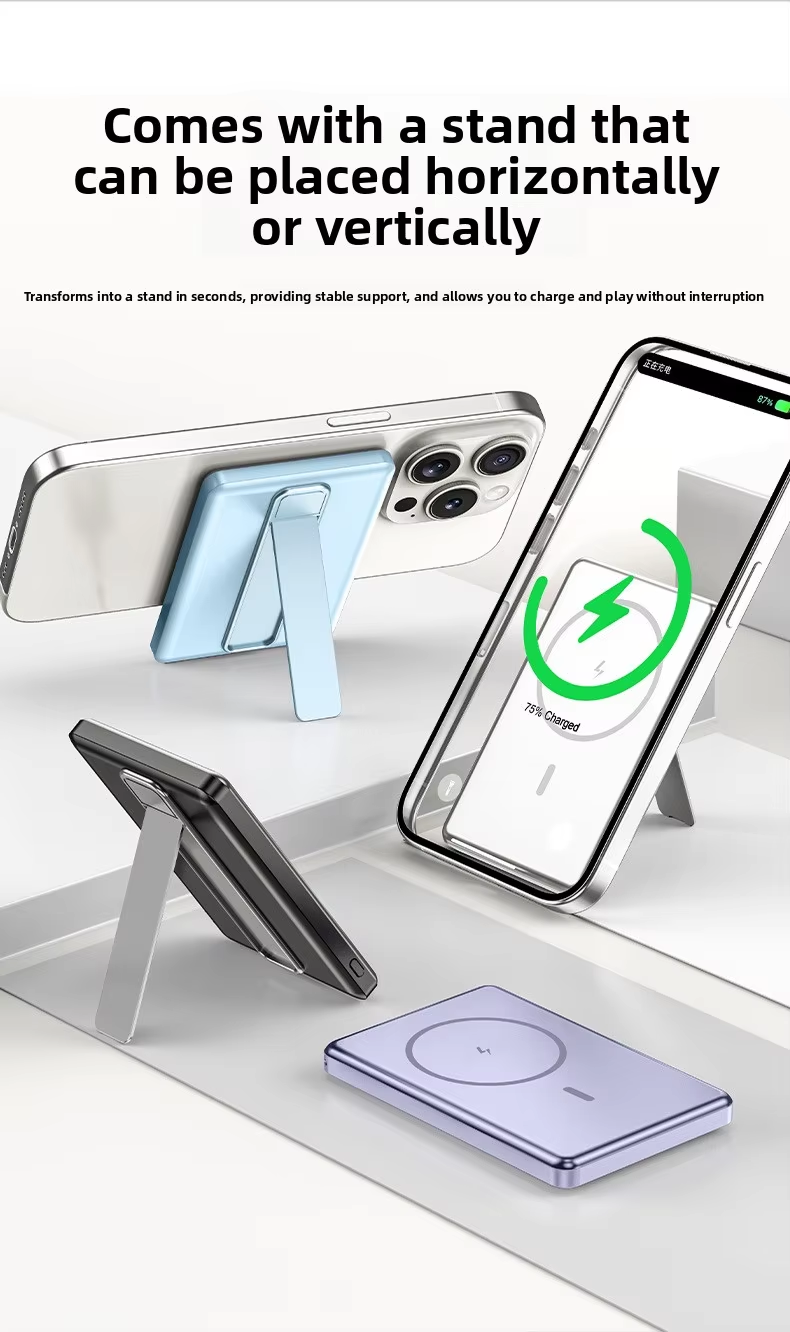 Ultra Thin Magnetic Wireless 10000mAh Power Bank with Holder Hanging Rope Compact Mobile Power Bank Fast Charging