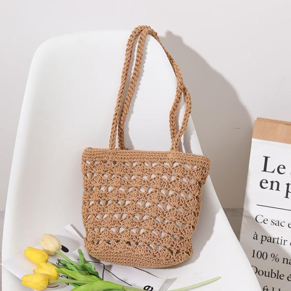 Simple Casual Lady Summer Straw Handmade Bucket Bag for Women Beach Vacation Shoulder Bag