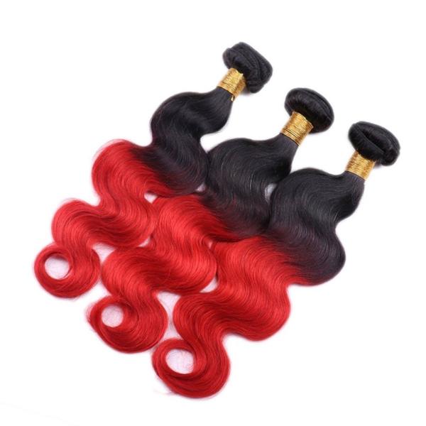 Pre-Colored Brazilian Human Hair Bundles With 13*4 Closure Human Hair Bundles With baby hair Closure 1B/Red