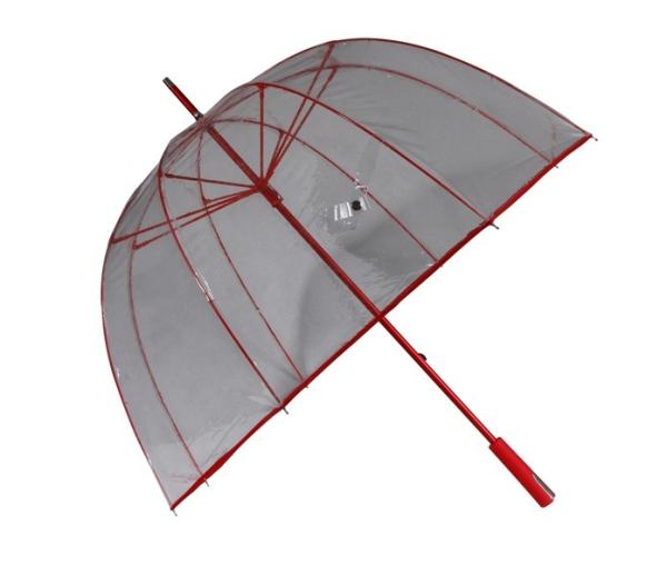 Dome Shape Red Edges Clear Plastic See Through Umbrellas With Self Metal Top