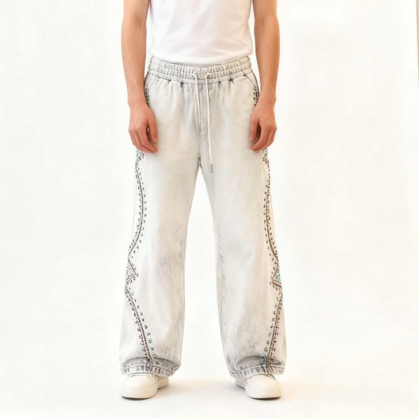 Custom Oversized Wide Leg Blank Spring Autumn Men Joggers Sweatpants American Style Cargo Rhinestone Waterproof Track Pants
