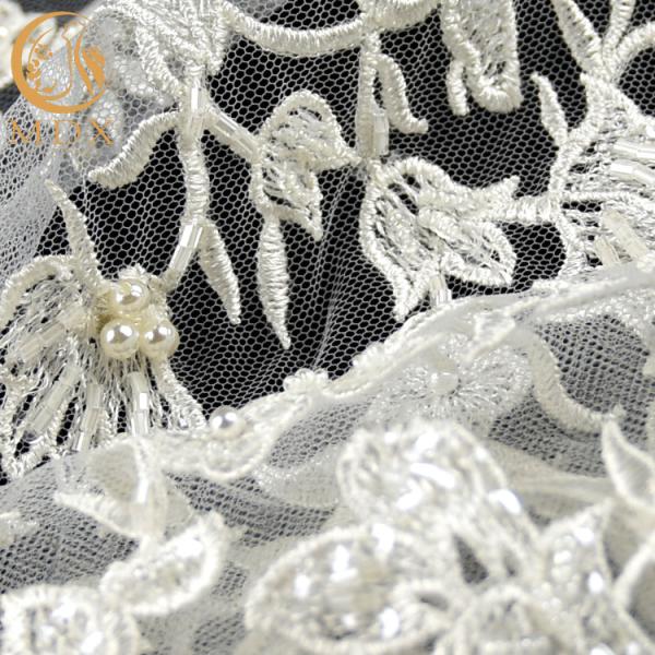 Unique White Embroidered Lace Fabric Pearls Decoration 135cm 140cm Width