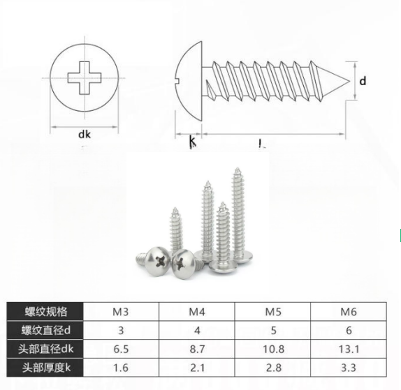 M2.5 DIN7981 H Cross Recessed Pan Head Tapping Screws with Cone Point Phillips Drive Type C in Stainless Steel Material
