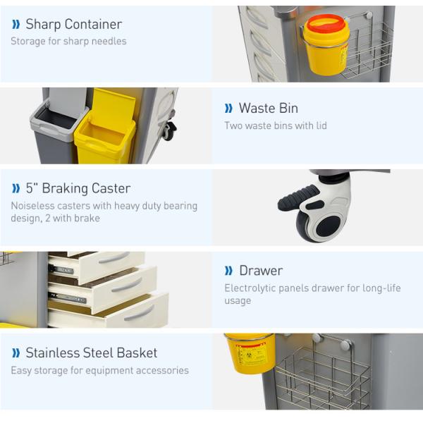 Cinco carretillas médicas de la anestesia de los cajones con las columnas de aluminio