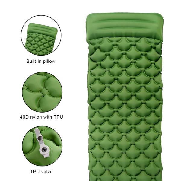 2.36 Thick Inflatable Camping Mat Green Outdoor Sleeping Mattress With Attached Pillow