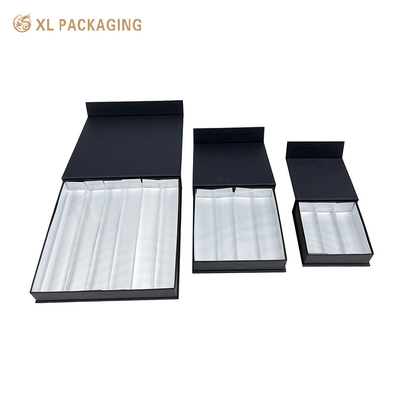 Custom Luxury Black Chocolate Box White Logo Magnet Gift Box With Paper Dividers