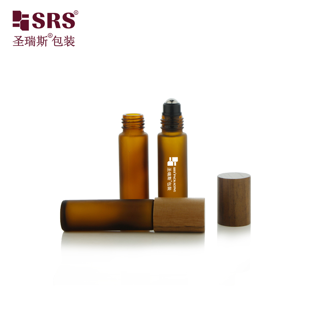BLPM-10ML Amber Frosted Glass Roller Steel Ball Essential Oil Bottle With Wooden Cap