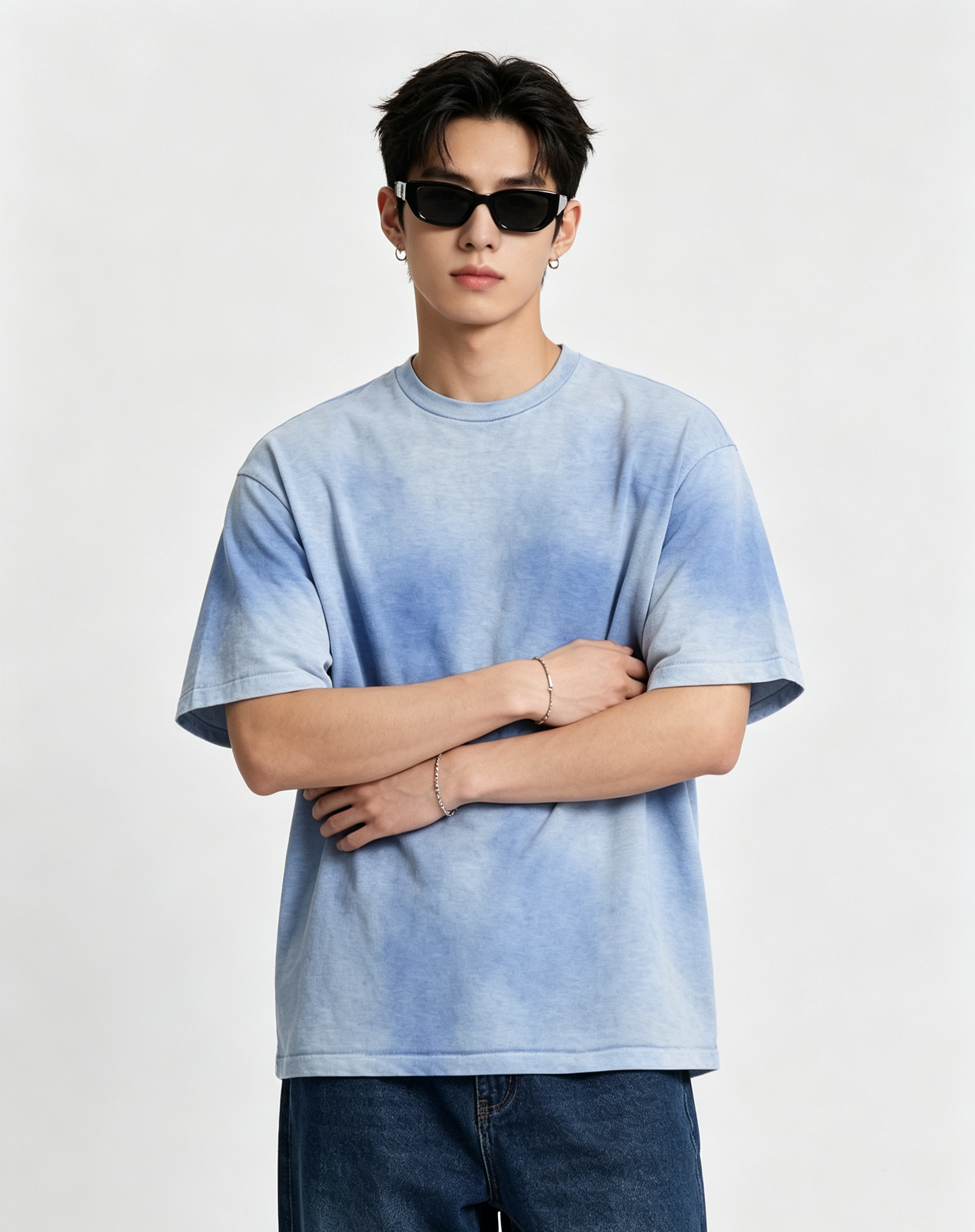 160G Cotton Watercolor Gradient Loose Fit Summer Crew Neck Tee 5 Colors Wholesale