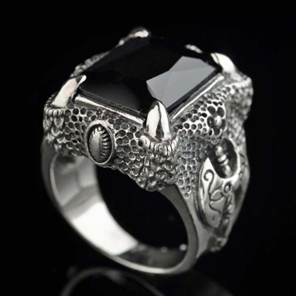 Mens Thailand Retro Dragon Sterling Silver Ring with Created Black Onyx(023605BLACK)