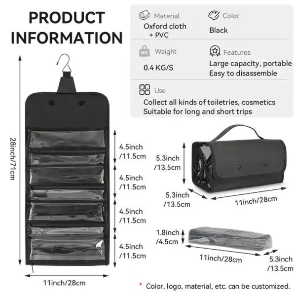 Elegant Pvc Hanging Wash Bag 28*13.5*13.5cm For Mens Toiletry