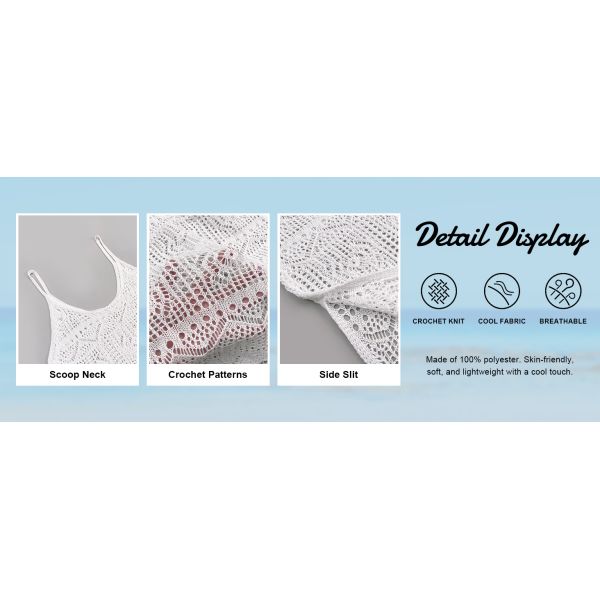 Womens Crochet Knit Spaghetti Strap Beach Coverup Mini Dress Summer Scoop Neck Slit Bathing Suit Cover Up Swimwear Cover Up Fashion Beach Hand Crochet Shawl Capelet