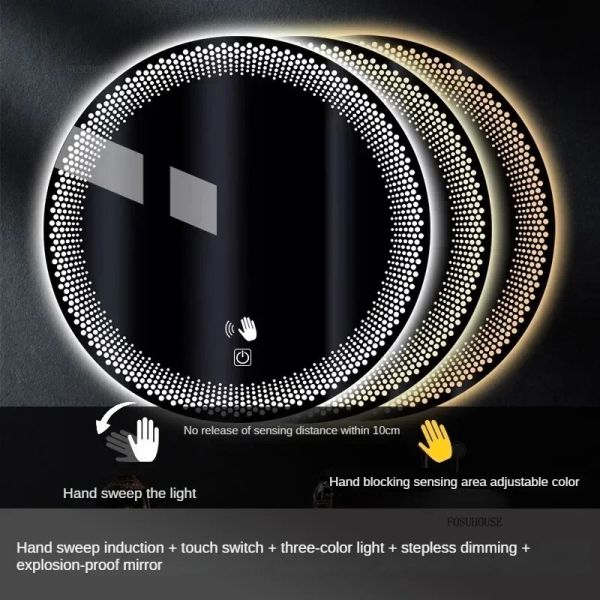 Simple flameproof Led Smart Touch Screen Anti-fog Round Sensor Mirror with Light(WH-MR-101)