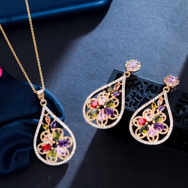 Women CZ zircon pendant necklace earrings ring copper jewelry set CZ Crystal Necklace and Earring Sets