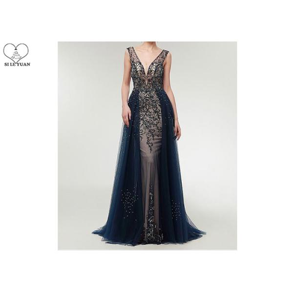 Tulle V Neck Ball Gown Backless / Long Tail Navy Blue Beaded Prom Dress