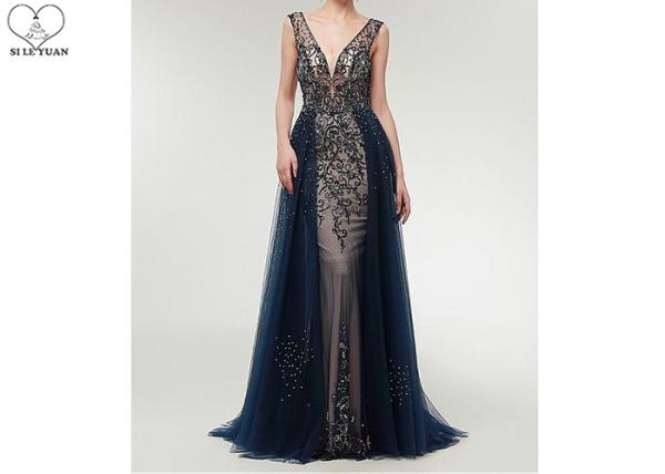 Tulle V Neck Ball Gown Backless / Long Tail Navy Blue Beaded Prom Dress