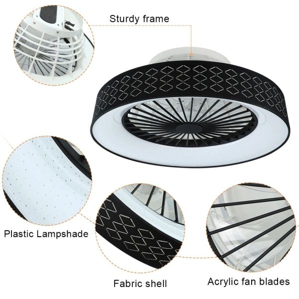 Kitchen Bedroom Living Room Timing Invisible Blades 57cm Dimmable fabric LED Ceiling Fan with Light(WH-CLL-72) ﻿