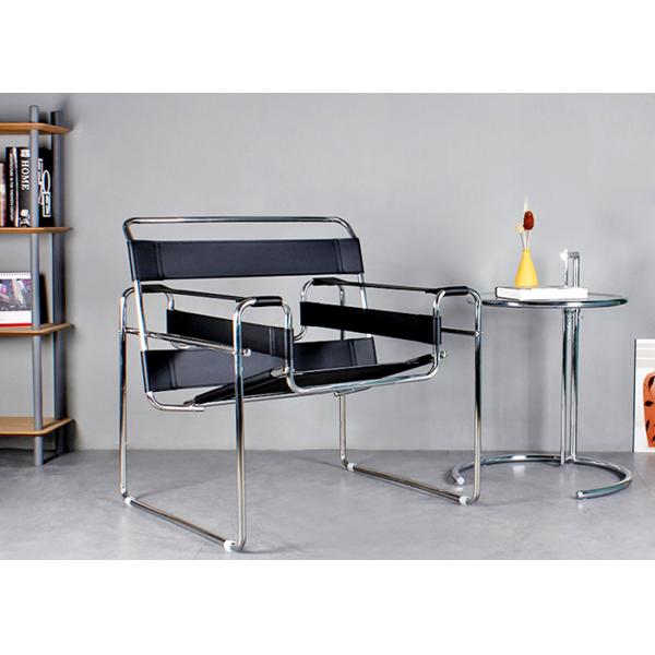 Minimalist Brown Leather Metal Chair 70cm Stainless Steel Frame