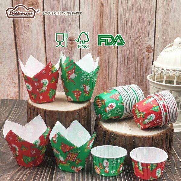 Wholesale Greaseproof Muffin Paper Cups, Heat Resistant Non Stick Tulip Cupcake Liners Christmas