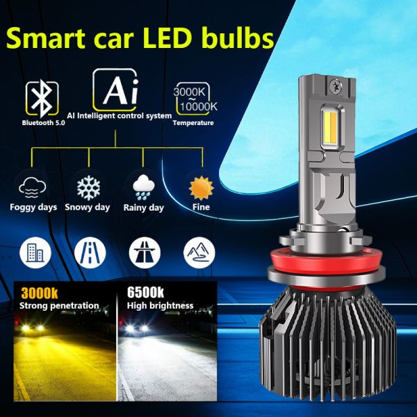 H11 APP Controlled Tri Color Car LED Headlight Dual Copper Cooling 6800LM IP68 12V