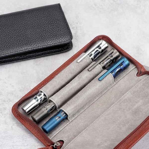 Genuine Leather Fountain Pen Case 3 Divided Slots Black Color, Zippered Pen Case Pouch