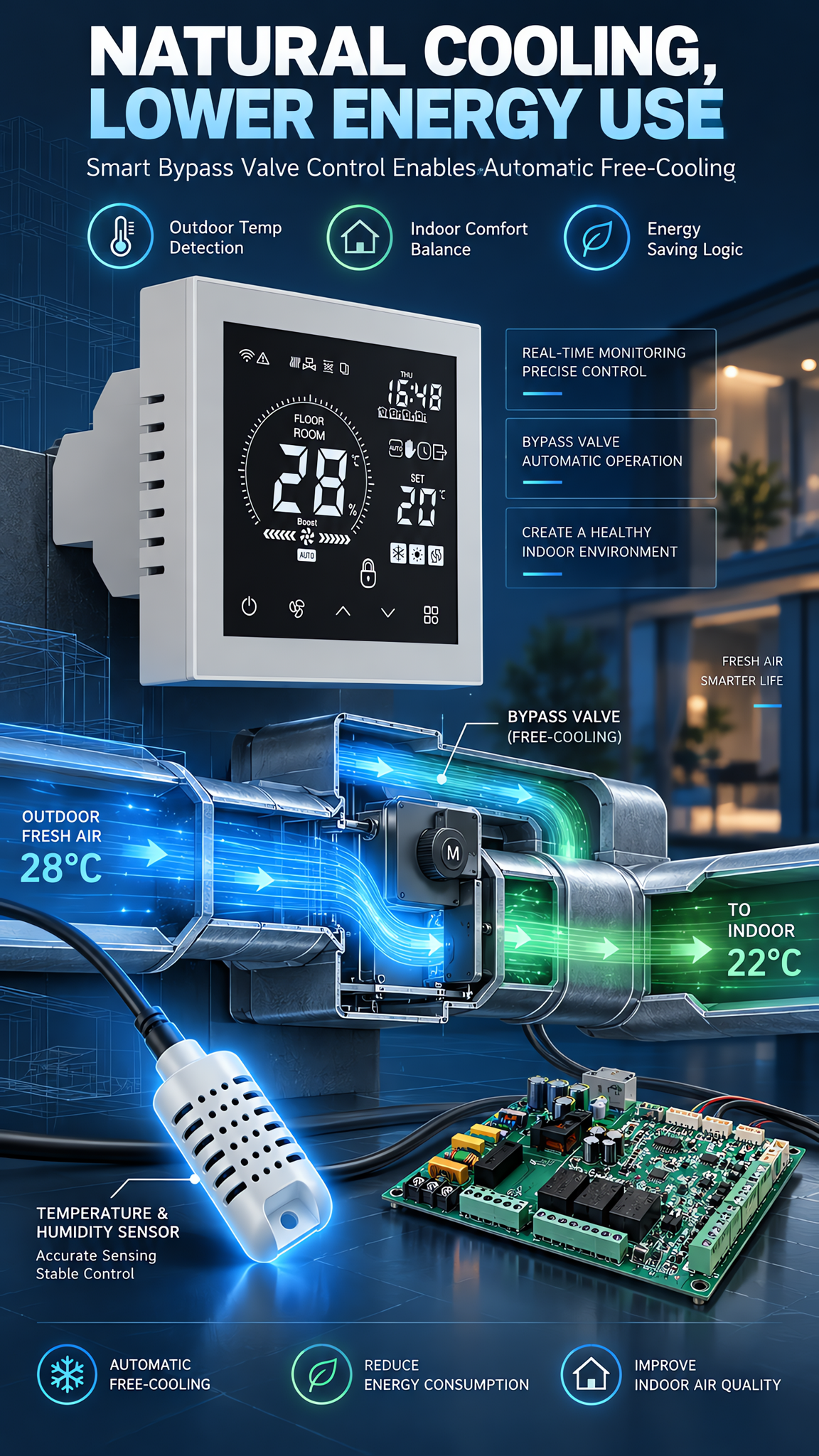 WiFi & RS485 BMS Ventilation Fan Controller with LCD Wall Controller and Temperature Humidity NTC Sensors for HRV ERV Systems