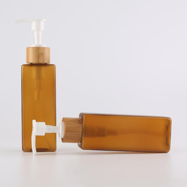Organic Bamboo Cosmetic Packaging Plastic Pump Bottles With Bamboo Tray 4oz 120ml Square