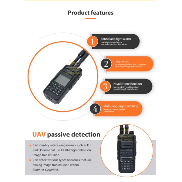 Handheld Drone Detector 300MHz–6200MHz with OFDM & FM Signal Detection with 1KM Detection Range and Audio Visual Alarm